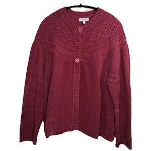 Caribbean Joe Cable Knit Cardigan Sweater Size 1X Burgundy Knit Long Sleeve